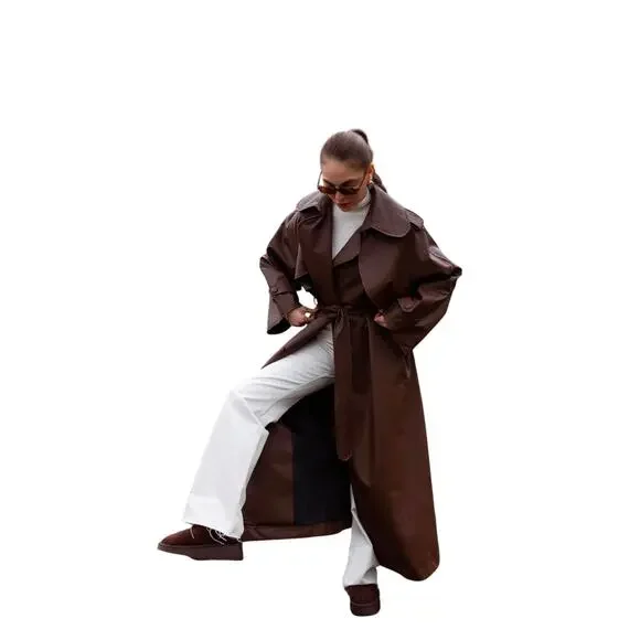 Brown Faux Leather Trench Coat with Belt – Brand New - Picture 5 of 12